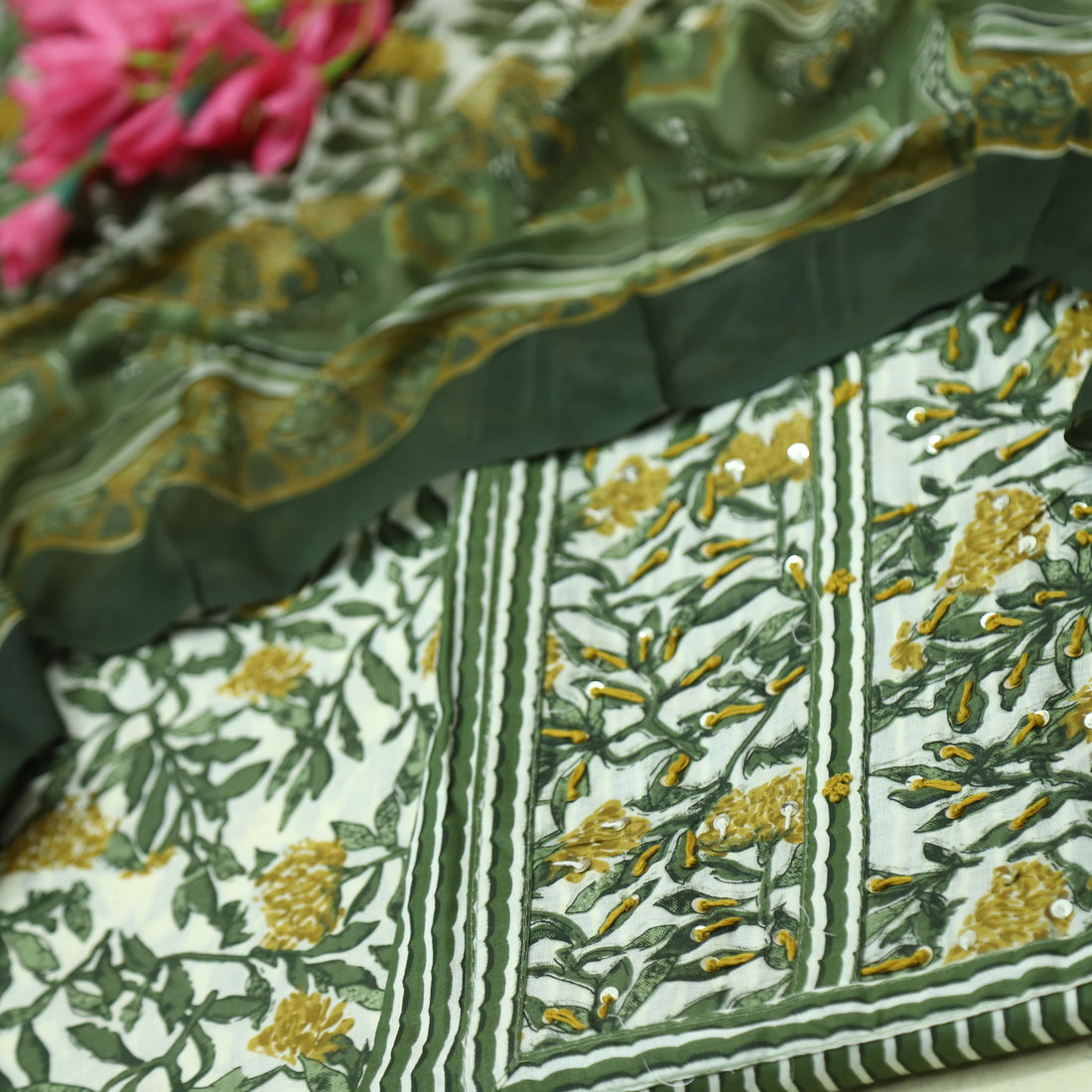 Farheen Grass Green Kantha Work with Floral Patch Stripe Print Cotton Suit Set
