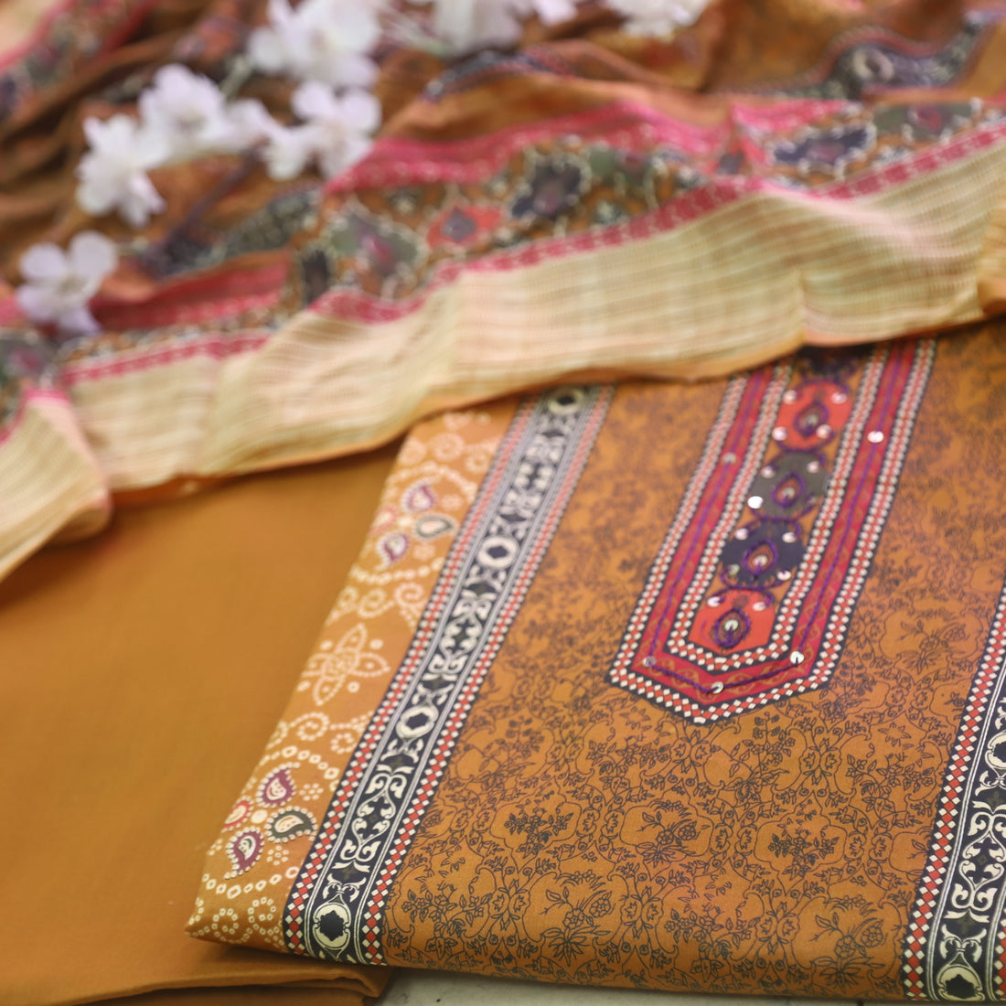 Reshmi Dijon Yellow Thread Weaved in Bandhani Printed Cotton Suit Set