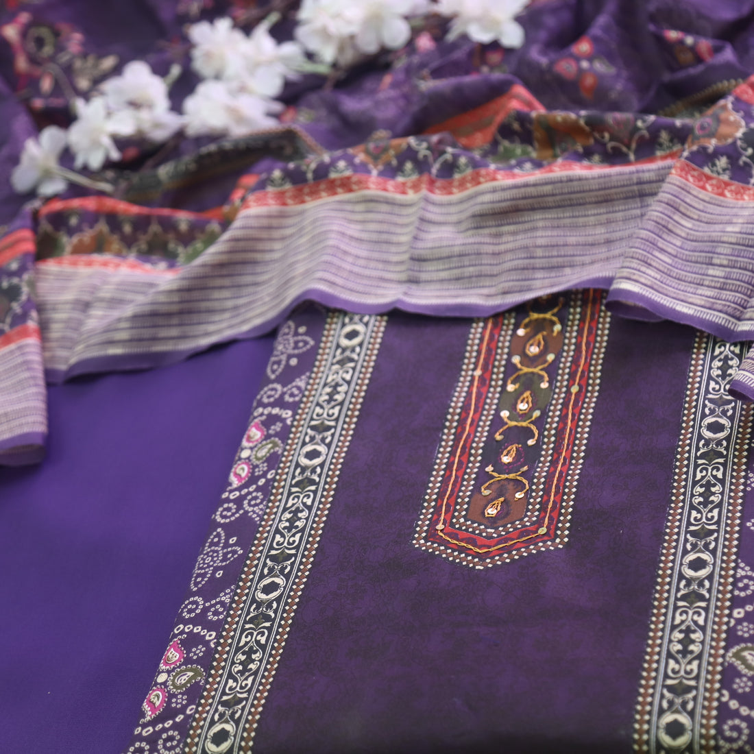 Reshmi Indigo Purple Thread Weaved in Bandhani Printed Cotton Suit Set