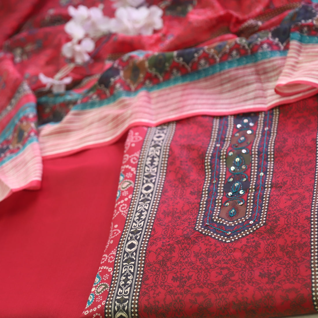 Reshmi Berry Red Thread Weaved in Bandhani Printed Cotton Suit Set