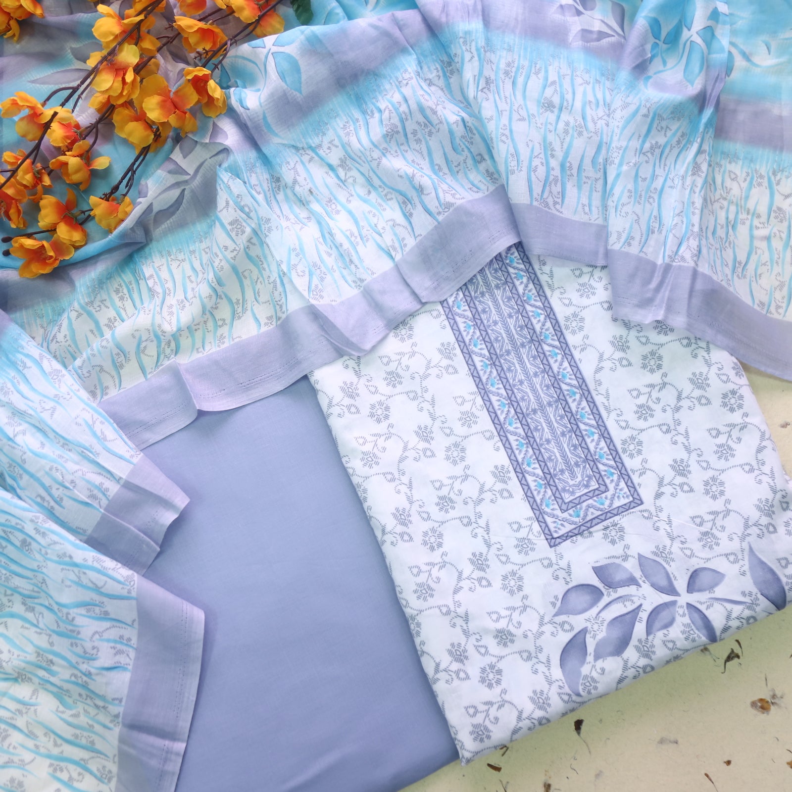 Farhana Bluish Gray All Over Floral Digital Printed Cotton Suit Set