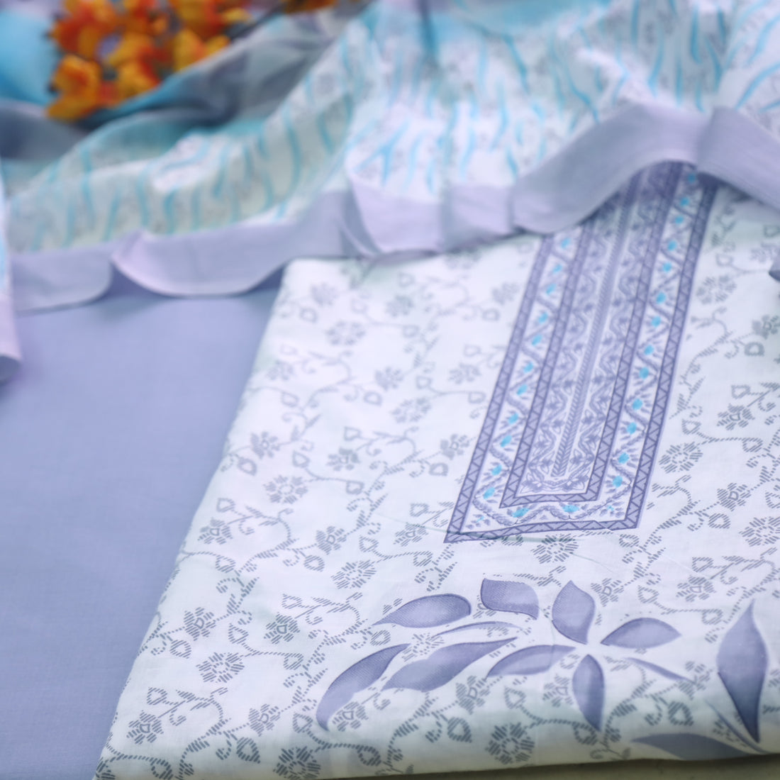 Farhana Bluish Gray All Over Floral Digital Printed Cotton Suit Set