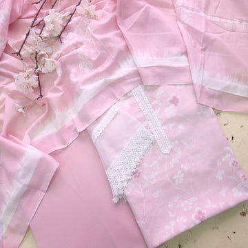 Zulfaa Frosty Pink Neck Lace Work Neck and Hem Floral Printed Cotton Suit Set