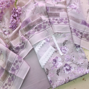 Zulfaa Jamuni Lavender Neck Lace Work Neck and Hem Floral Printed Cotton Suit Set