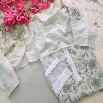 Zulfaa Sage Green Neck Lace Work Neck and Hem Floral Printed Cotton Suit Set