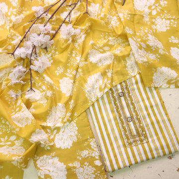 Reshmi Lemon Yellow Thread Embroidered Neck Work Stripe Print Cotton Suit Set
