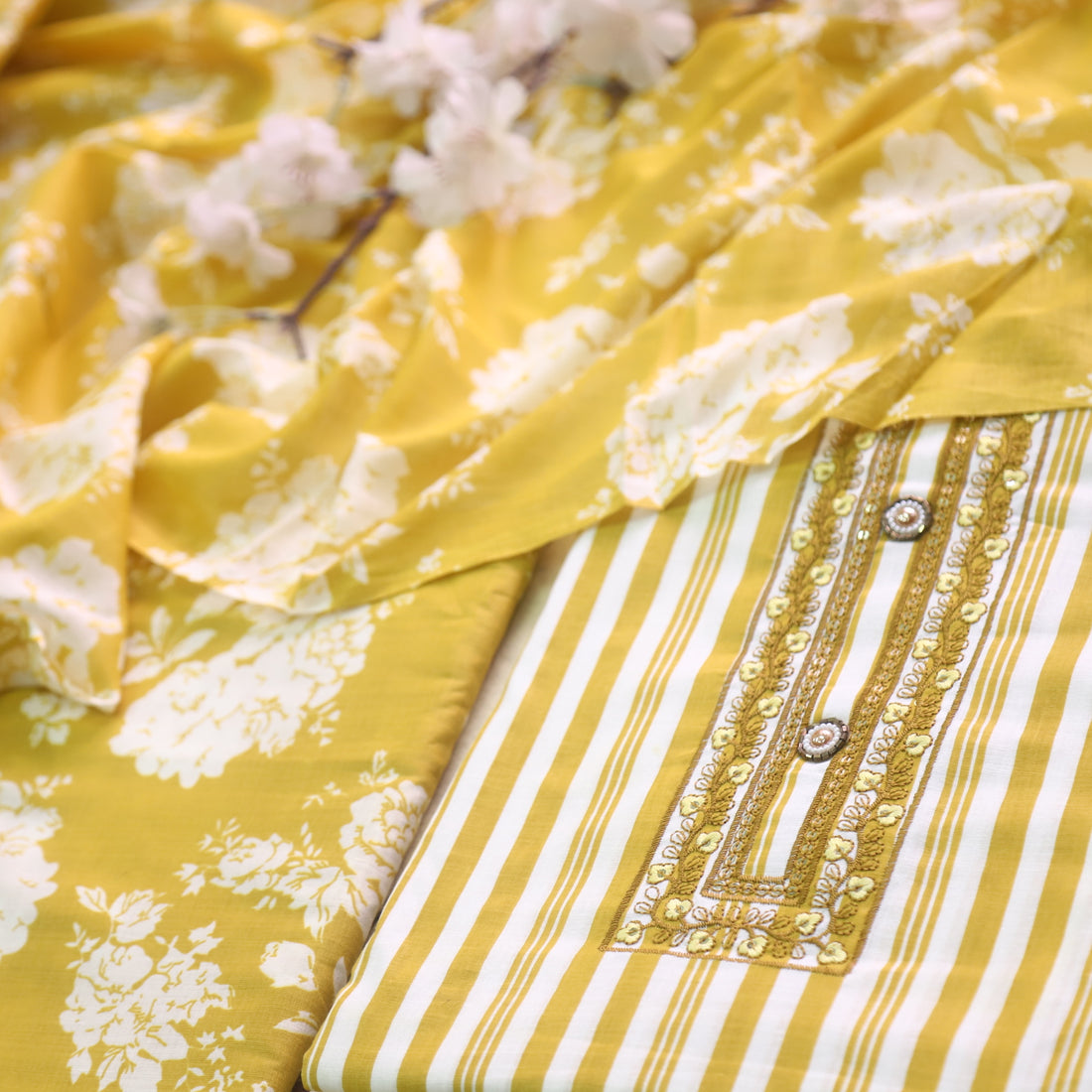 Reshmi Lemon Yellow Thread Embroidered Neck Work Stripe Print Cotton Suit Set