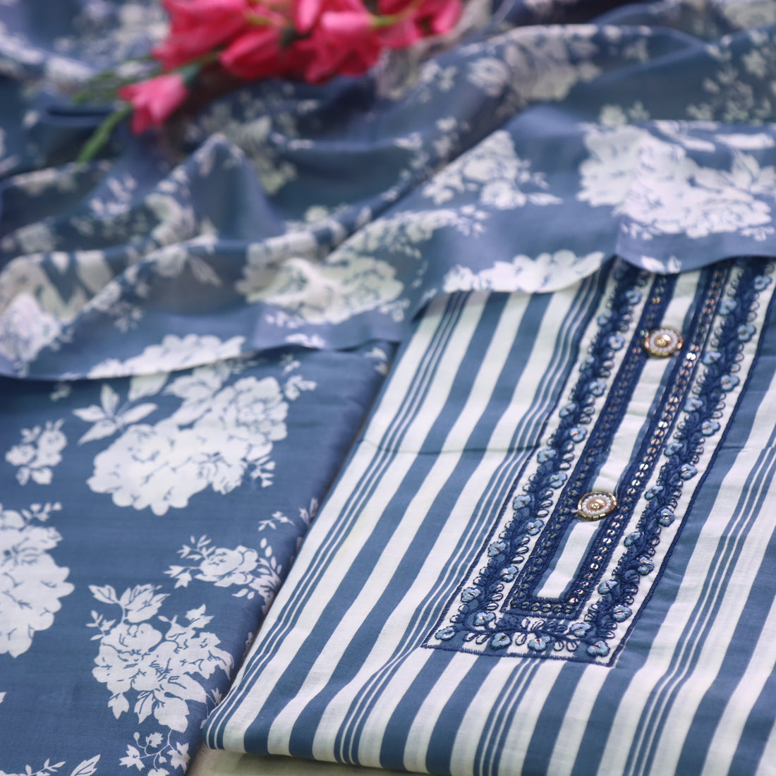 Reshmi Greyish Blue Thread Embroidered Neck Work Stripe Print Cotton Suit Set