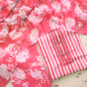 Reshmi Candy Pink Thread Embroidered Neck Work Stripe Print Cotton Suit Set