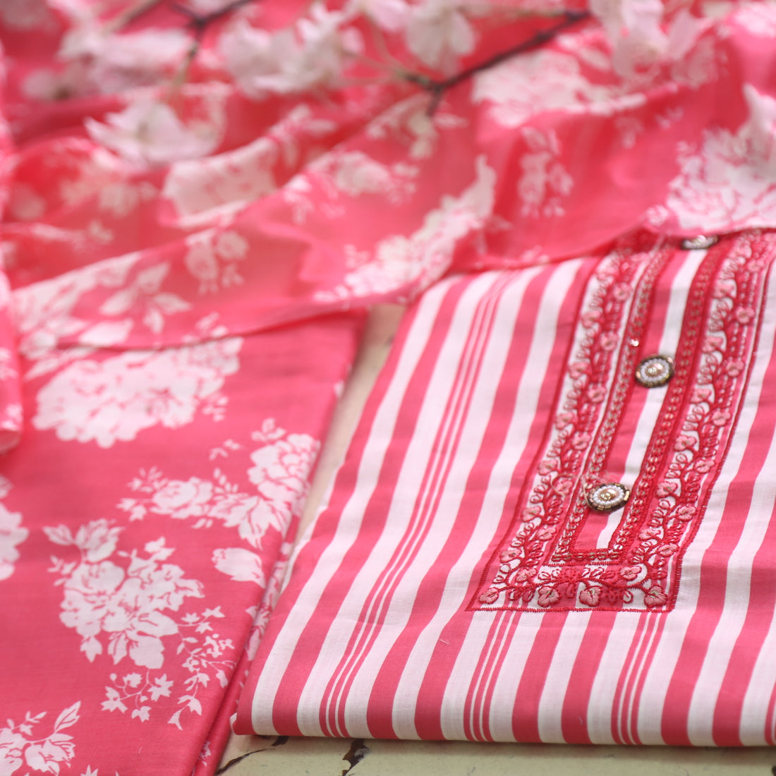 Reshmi Candy Pink Thread Embroidered Neck Work Stripe Print Cotton Suit Set