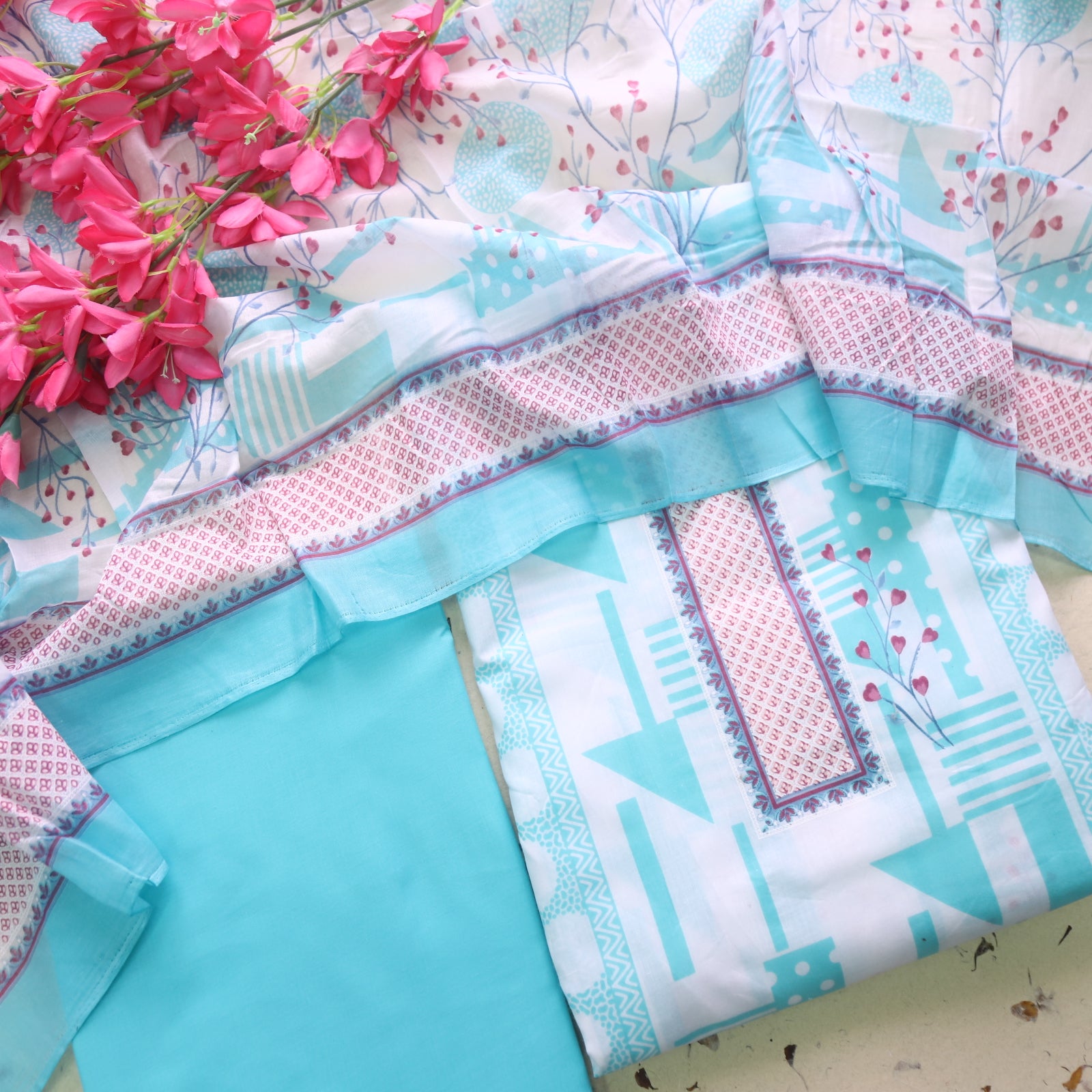 Farhana Ocean Blue All Over Floral Digital Printed Cotton Suit Set