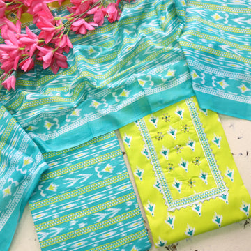Farheen Neon Green Kardana Detailing Digital Printed Cotton Suit Set