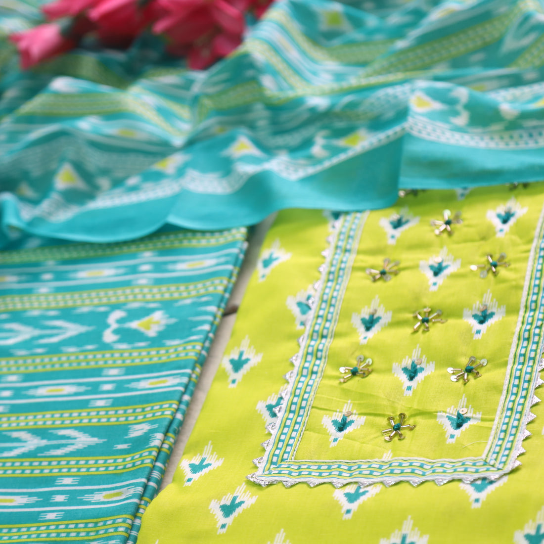 Farheen Neon Green Kardana Detailing Digital Printed Cotton Suit Set