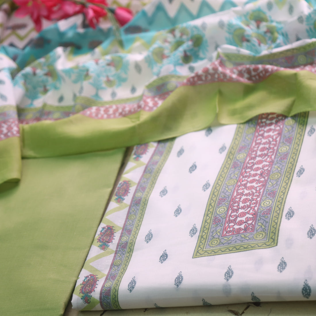 Farhana Parrot Green All Over Digital Printed Cotton Suit Set