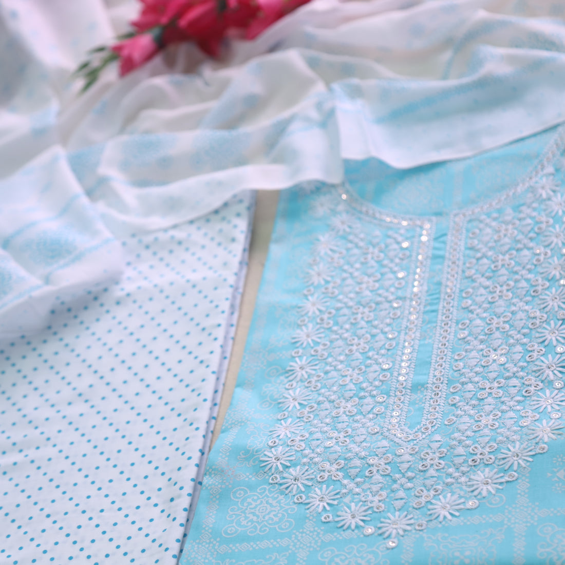 Reshmi Baby Blue Thread Embroidered Neck Work Printed Cotton Suit Set-D1