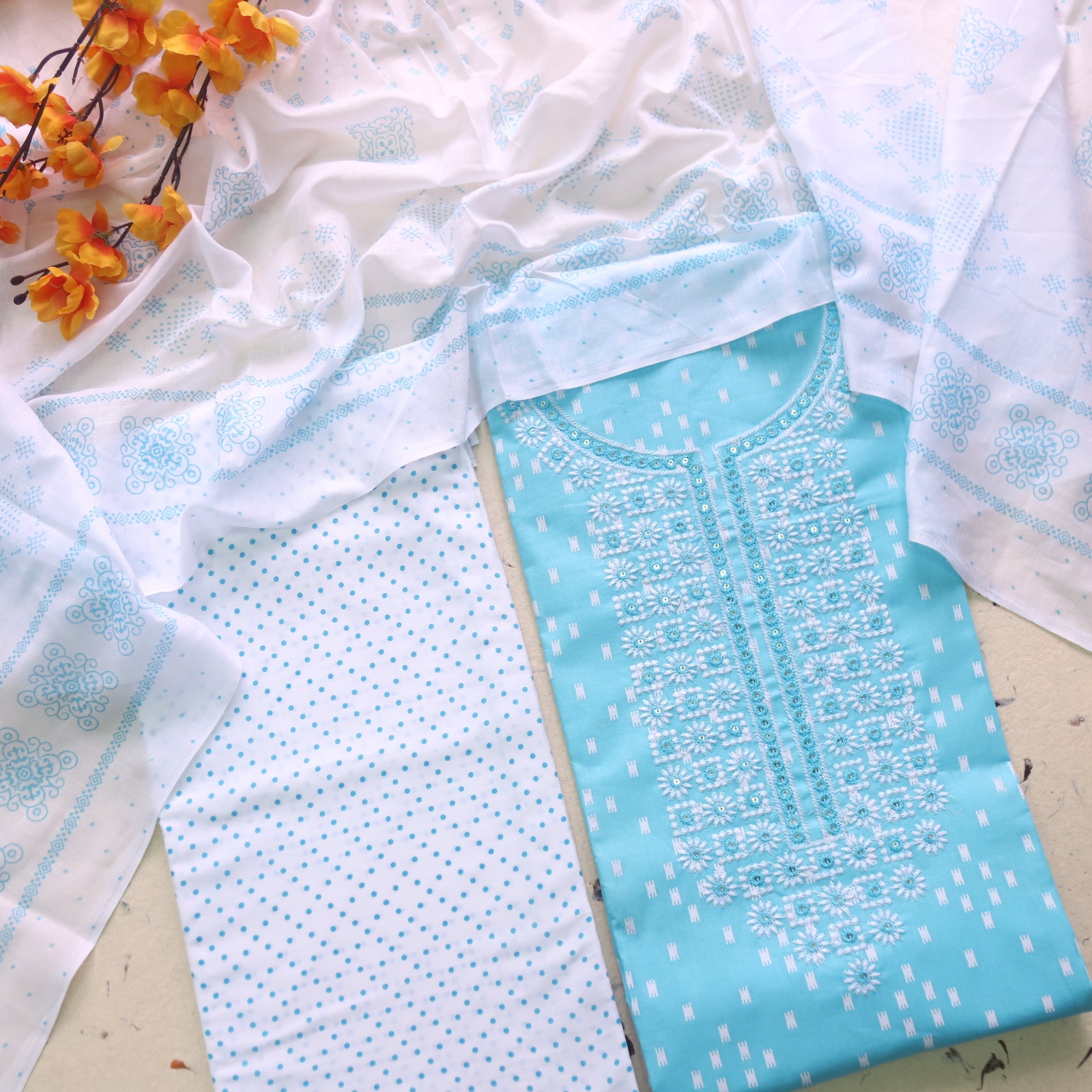 Reshmi Baby Blue Thread Embroidered Neck Work Printed Cotton Suit Set-D2