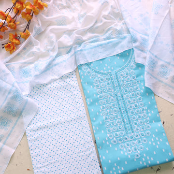 Reshmi Baby Blue Thread Embroidered Neck Work Printed Cotton Suit Set-D2