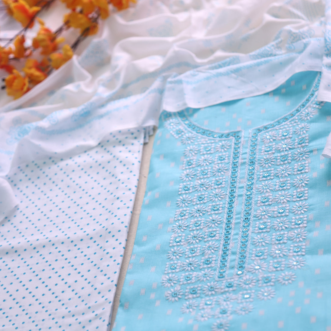 Reshmi Baby Blue Thread Embroidered Neck Work Printed Cotton Suit Set-D2
