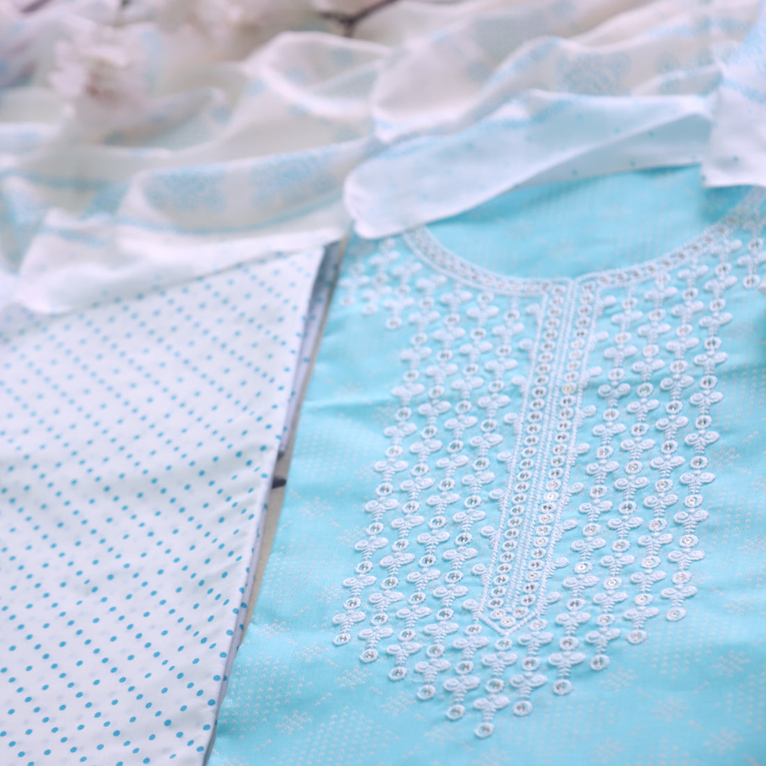 Reshmi Baby Blue Thread Embroidered Neck Work Printed Cotton Suit Set-D3