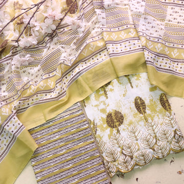 Reshmi Peanut Yellow Thread Embroidered Hem Digital Print Cotton Suit Set