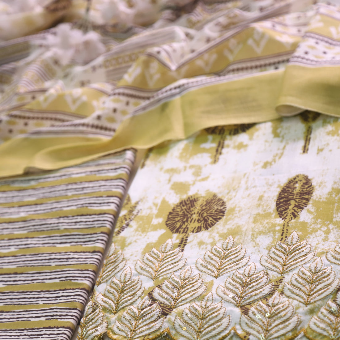 Reshmi Peanut Yellow Thread Embroidered Hem Digital Print Cotton Suit Set