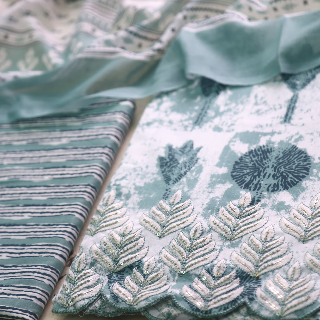 Reshmi Pale Teal Thread Embroidered Hem Digital Print Cotton Suit Set