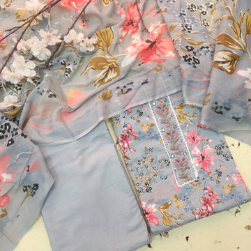 Reshmi Fossil Grey Lace with Kardana Work Floral Printed Cotton Suit Set