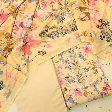 Reshmi Buttermilk Yellow Lace with Kardana Work Floral Printed Cotton Suit Set