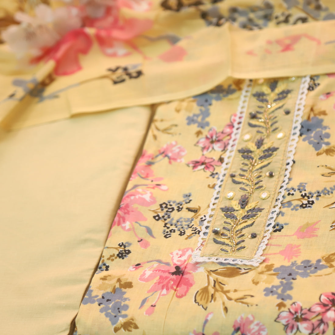 Reshmi Buttermilk Yellow Lace with Kardana Work Floral Printed Cotton Suit Set