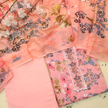Reshmi Coral Peach Lace with Kardana Work Floral Printed Cotton Suit Set