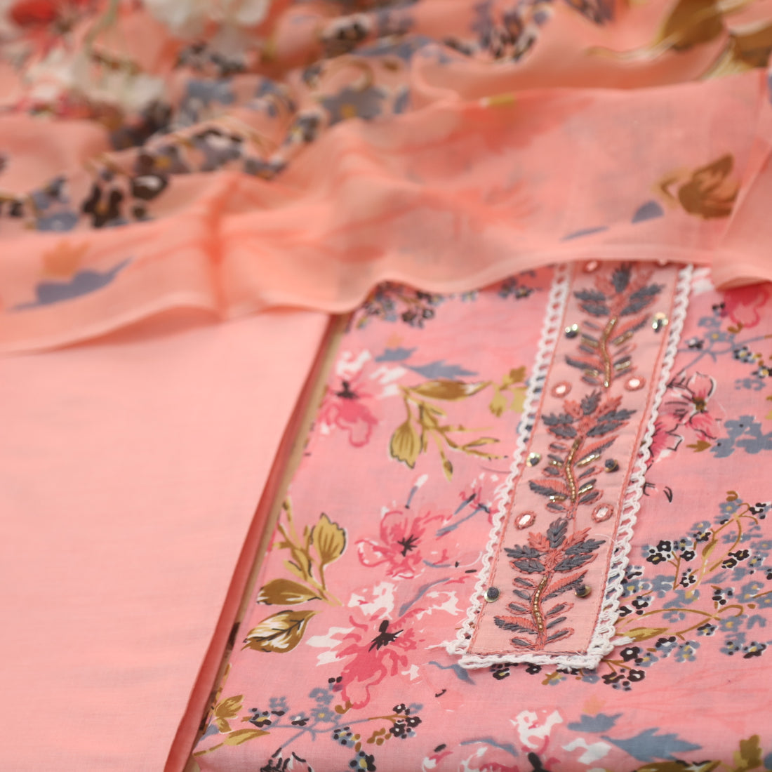 Reshmi Coral Peach Lace with Kardana Work Floral Printed Cotton Suit Set