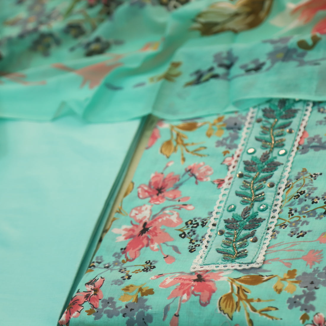 Reshmi Cyan Aqua Lace with Kardana Work Floral Printed Cotton Suit Set