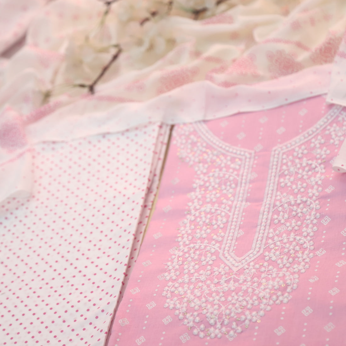 Reshmi Baby Pink Thread Embroidered Neck Work Printed Cotton Suit Set-D2