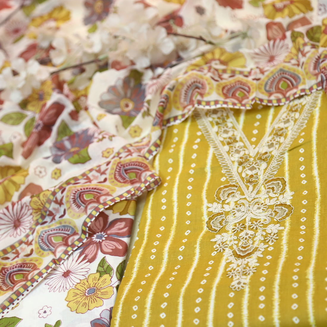 Mastana Dijon Yellow Bandhani Print Thread Work v Neck Cotton Suit Set