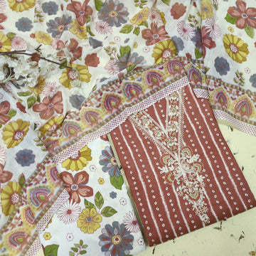 Mastana Barn Red Bandhani Print Thread Work v Neck Cotton Suit Set