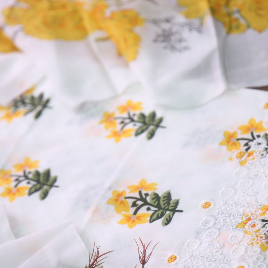 Phooleri White with Yellow Floral Print Thread Embroidered Hem Cotton Suit Set