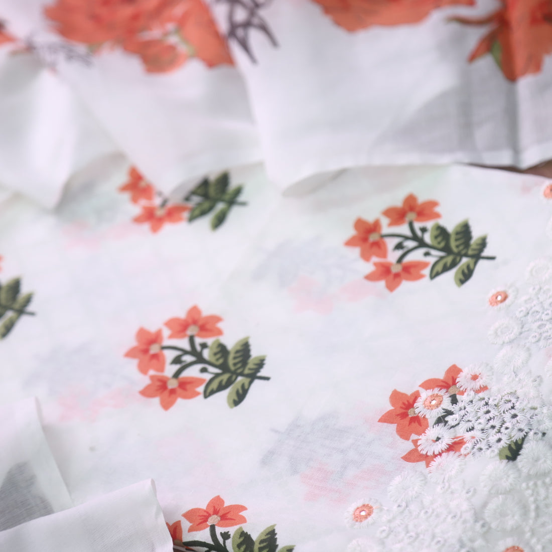Phooleri White with Orange Floral Print Thread Embroidered Hem Cotton Suit Set