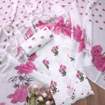 Phooleri White with Pink Floral Print Thread Embroidered Hem Cotton Suit Set