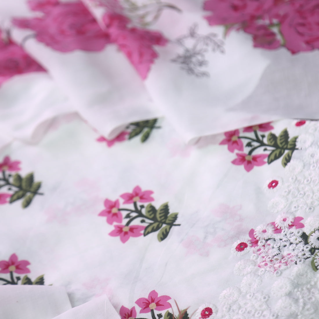 Phooleri White with Pink Floral Print Thread Embroidered Hem Cotton Suit Set
