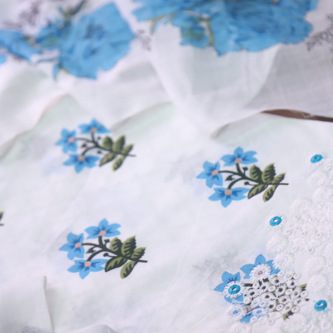 Phooleri White with Blue Floral Print Thread Embroidered Hem Cotton Suit Set