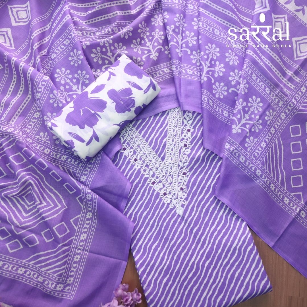 Farheen Orchid Purple V Embellished Neckline Leheriya Printed Cotton Suit Set