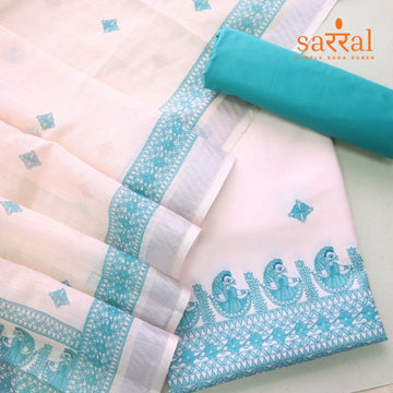 Madhubala Beige with Teal Madhubani Printed Cotton Linen Suit Set