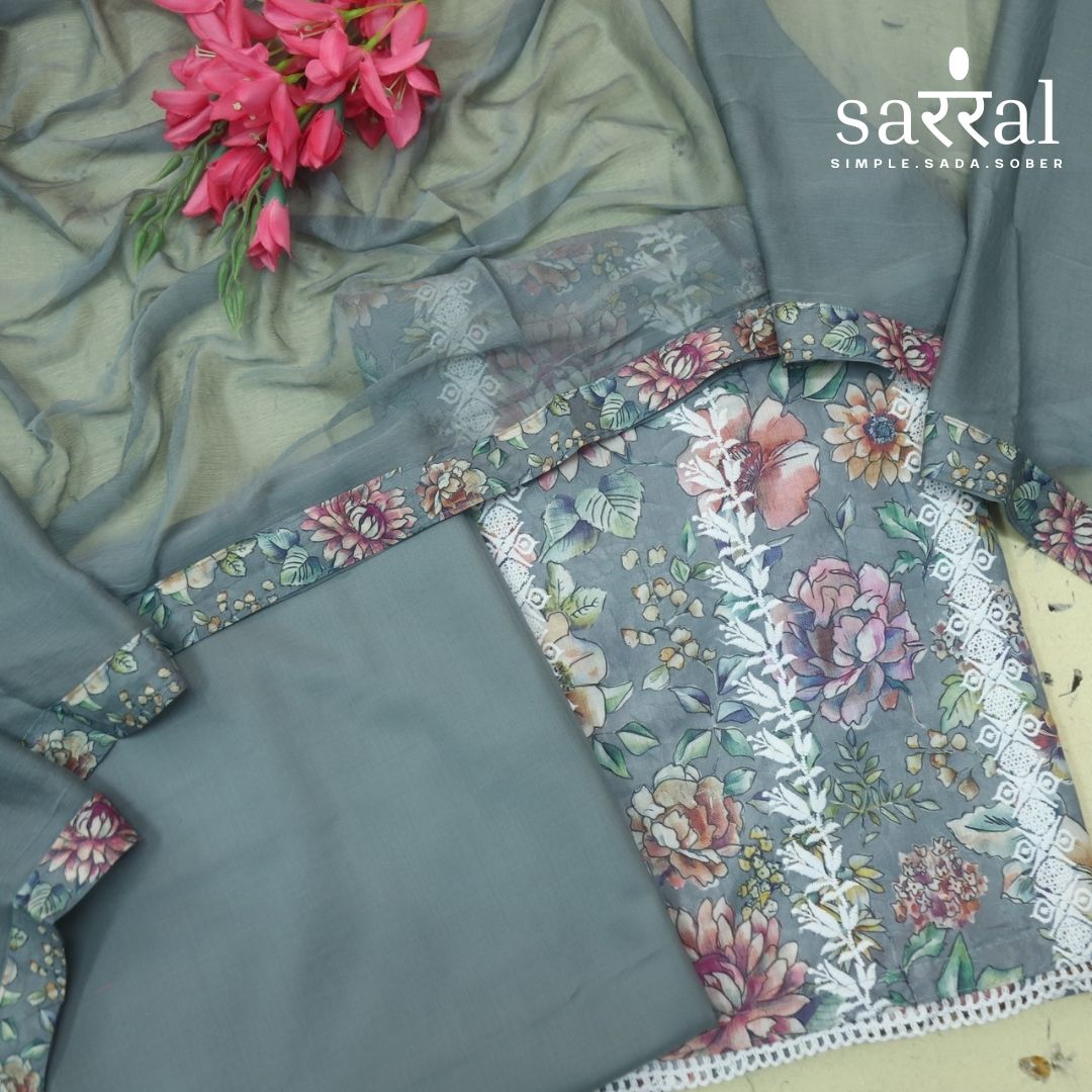 Madhubala Fossil Grey Thread Embroidered Work Cotton Suit Set