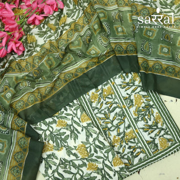 Farheen Grass Green Kantha Work with Floral Patch Stripe Print Cotton Suit Set