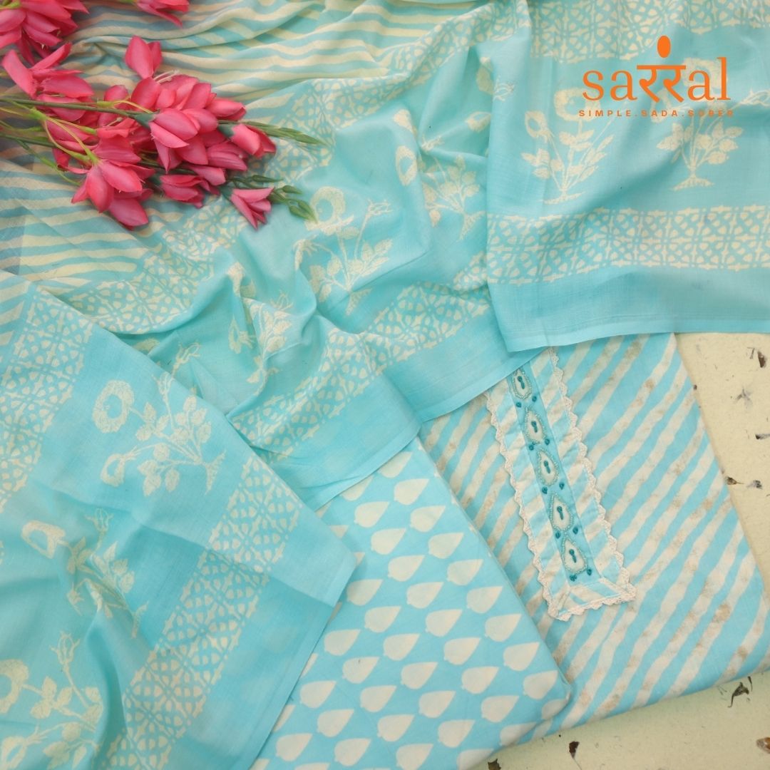 Farheen Sky Blue Moti Work Neck Patch in Leheriya Printed Cotton Suit Set