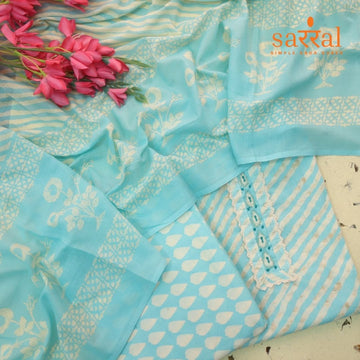 Farheen Sky Blue Moti Work Neck Patch in Leheriya Printed Cotton Suit Set