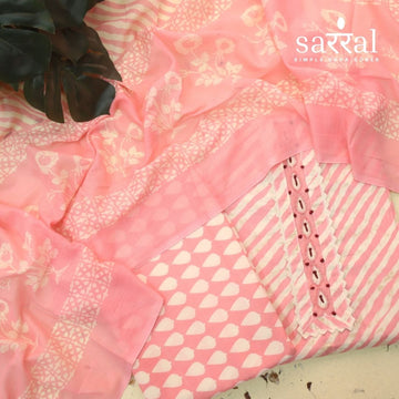 Farheen Blush Coral Moti Work Neck Patch in Leheriya Printed Cotton Suit Set