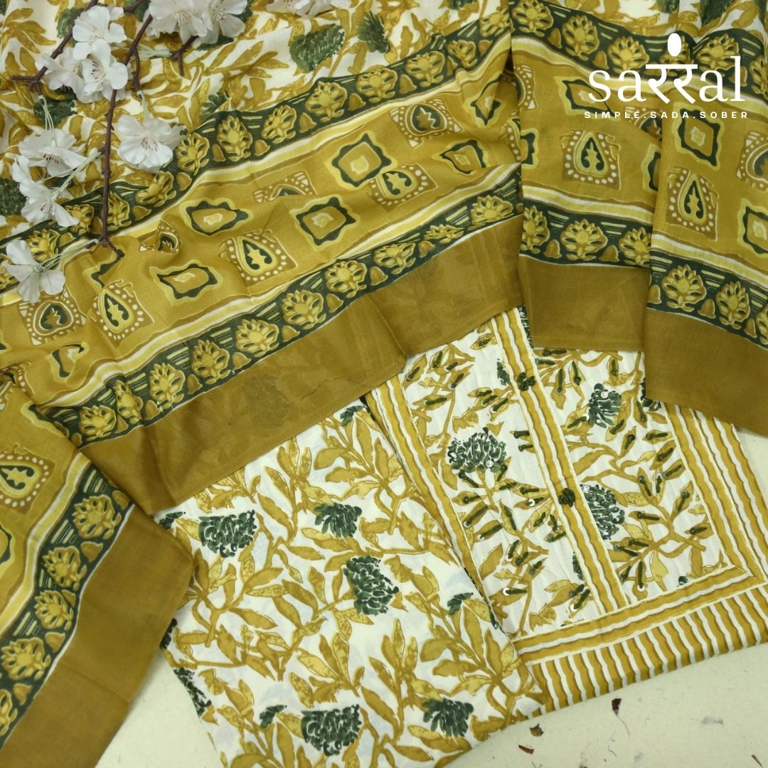 Farheen Peanut Yellow Kantha Work with Floral Patch Stripe Print Cotton Suit Set