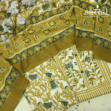 Farheen Peanut Yellow Kantha Work with Floral Patch Stripe Print Cotton Suit Set