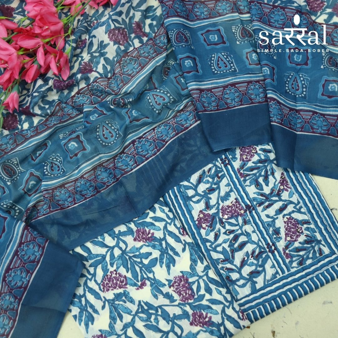 Farheen Neel Blue Kantha Work with Floral Patch Stripe Print Cotton Suit Set
